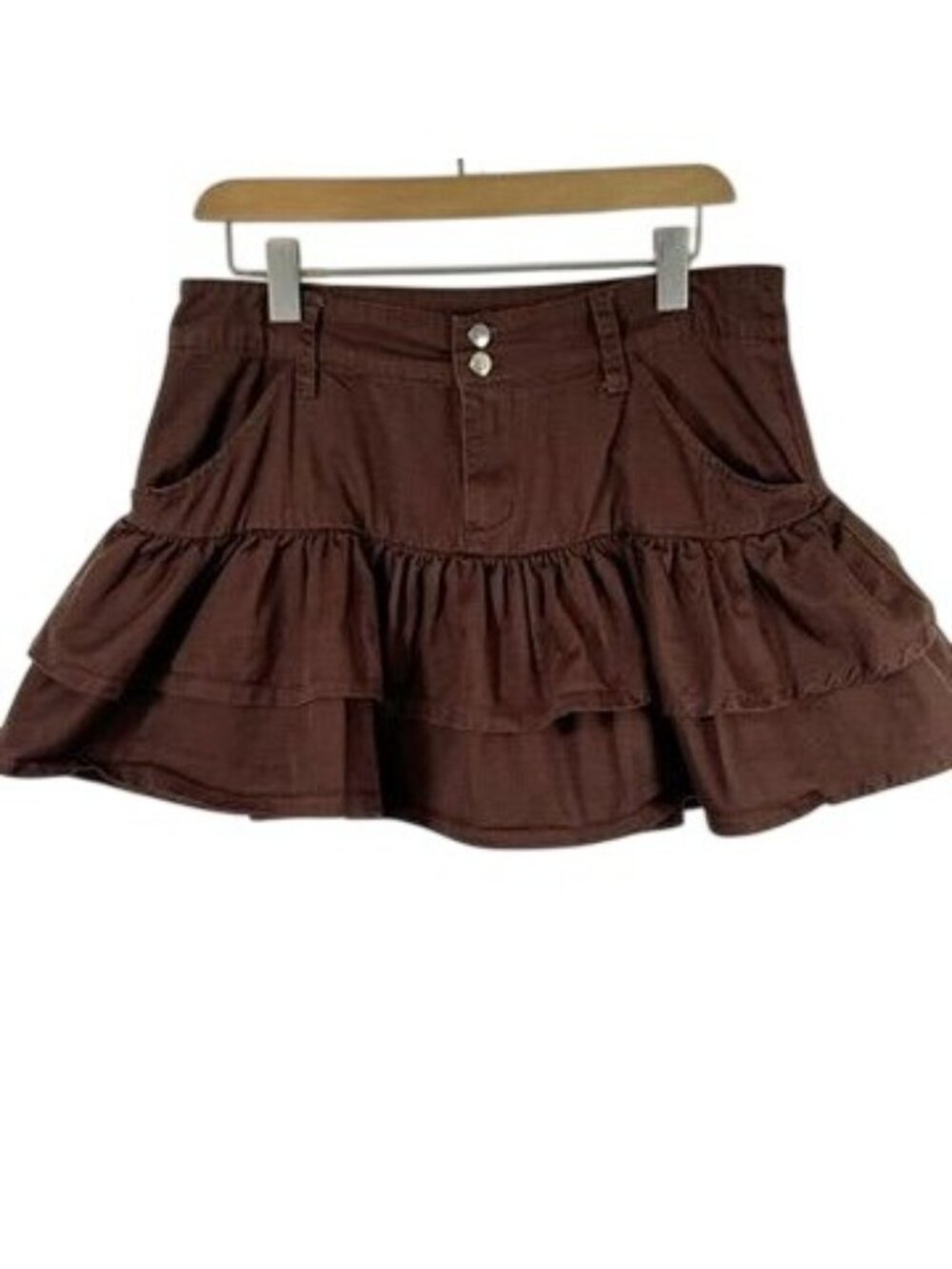 Chocolate Brown Ruffle Micro Mini Skirt L Tiered Y2K Dark Coquette Fairy Grunge - Picture 2 of 10